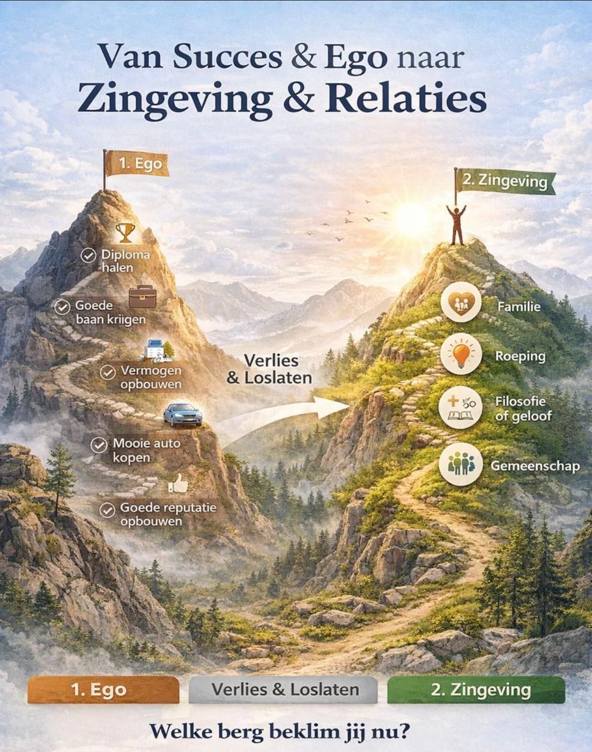 Levenspad van ego naar zingeving volgens het model van de twee bergen