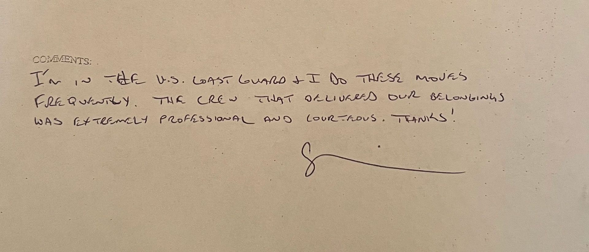 Handwritten note with a signature; text praises someone for their work.