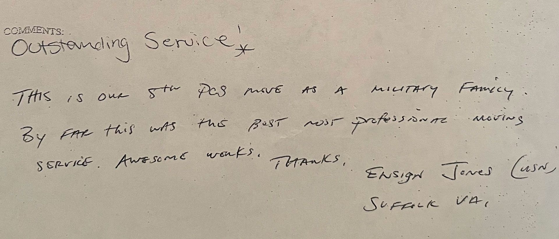 Handwritten note praising