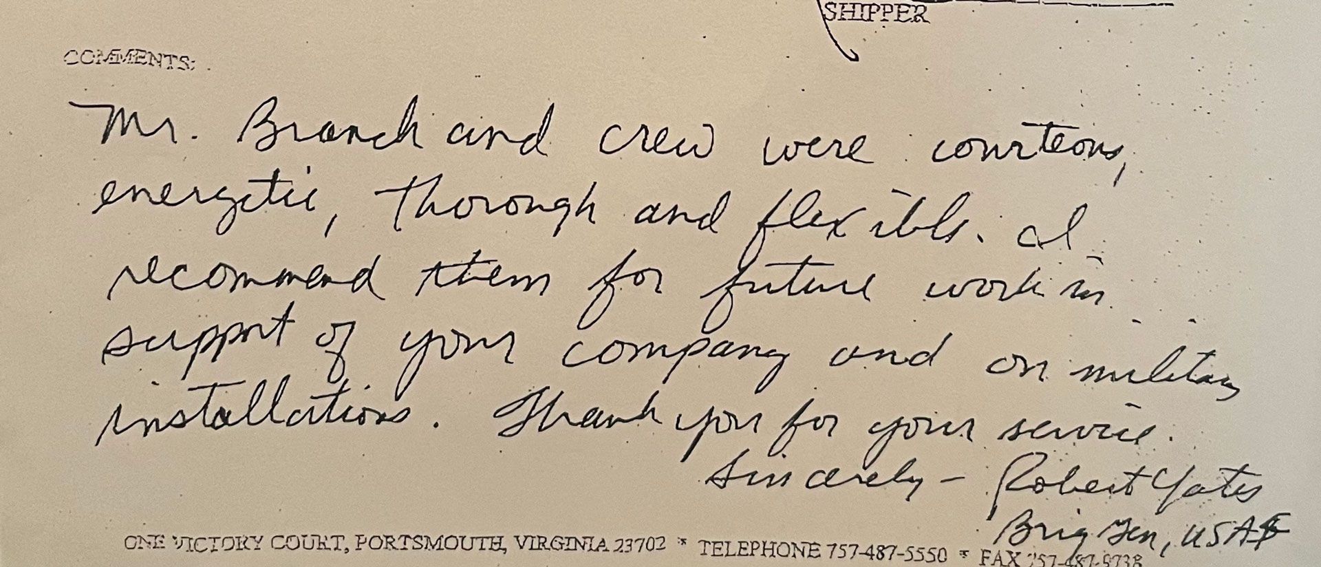 Handwritten note praising Mr. Branch and crew for their work; signed