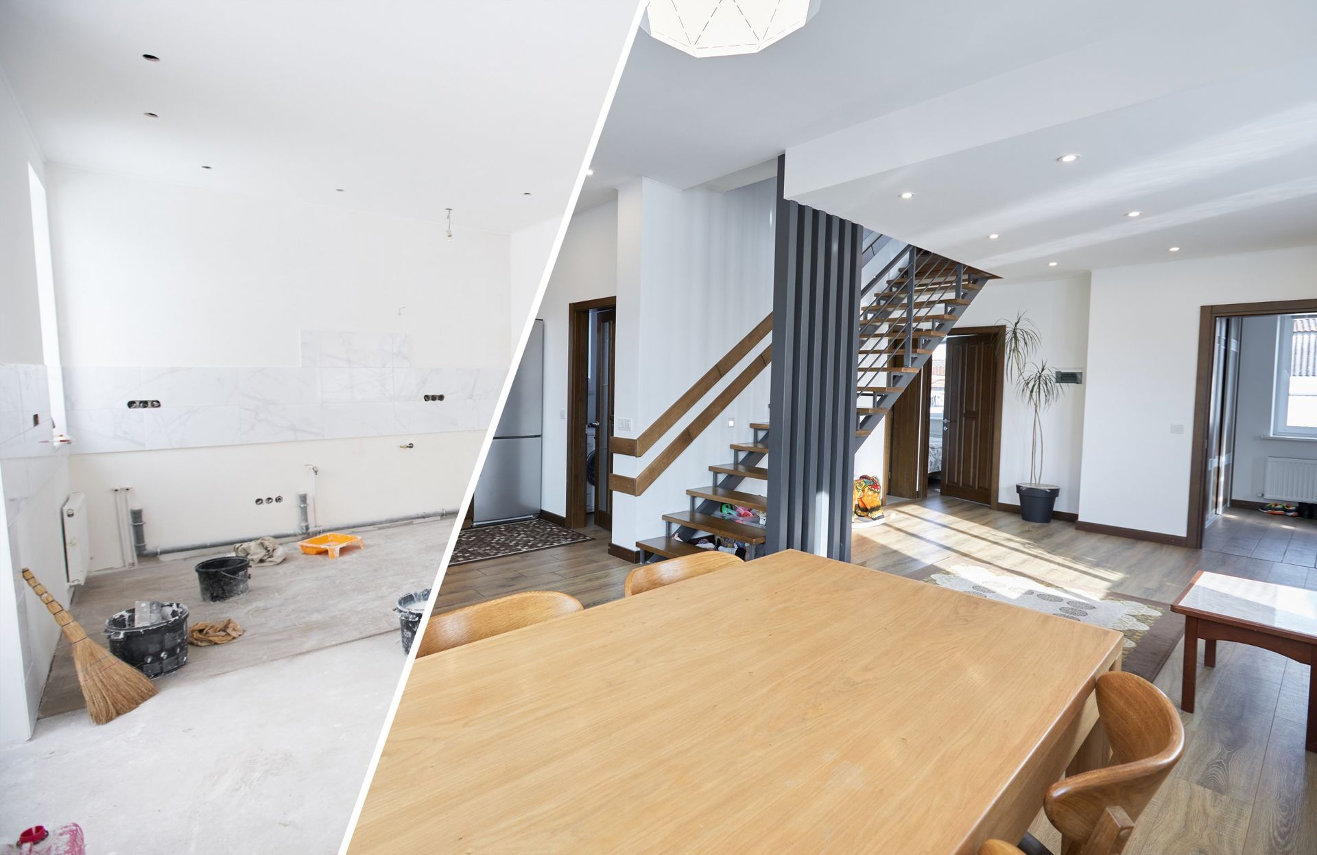 Before and after renovation: kitchen under construction and finished dining area with stairs.