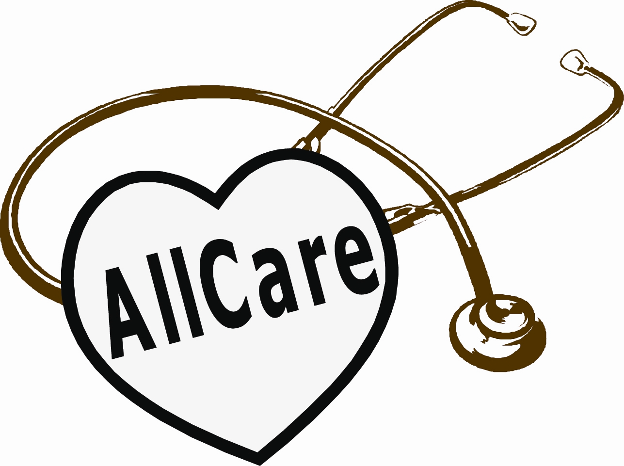 A stethoscope is attached to a heart that says all care