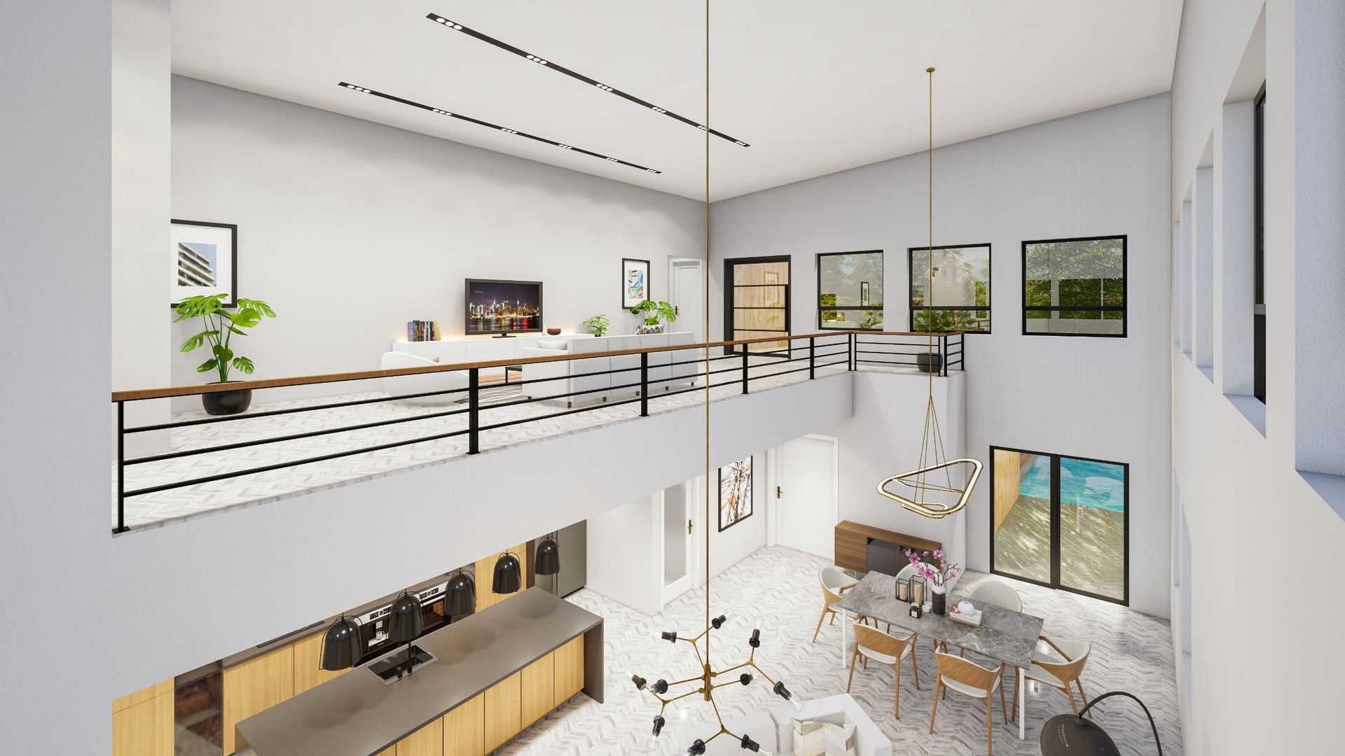 Modern two-story open interior with balcony railing, large windows, and minimalist furniture