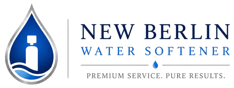 New Berlin Water Softener Logo with Water Droplet Icon, Water Softener System, Wave Graphic, Tagline, and Company Name in New Berlin, WI