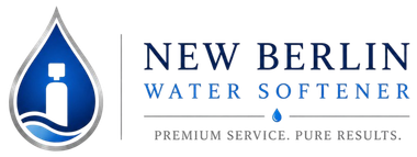 New Berlin Water Softener Logo with Water Droplet Icon, Water Softener System, Wave Graphic, Tagline, and Company Name in New Berlin, WI