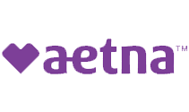 The aetna logo is purple with a heart in the middle.