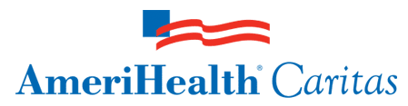 The logo for amerihealth caritas has an american flag on it