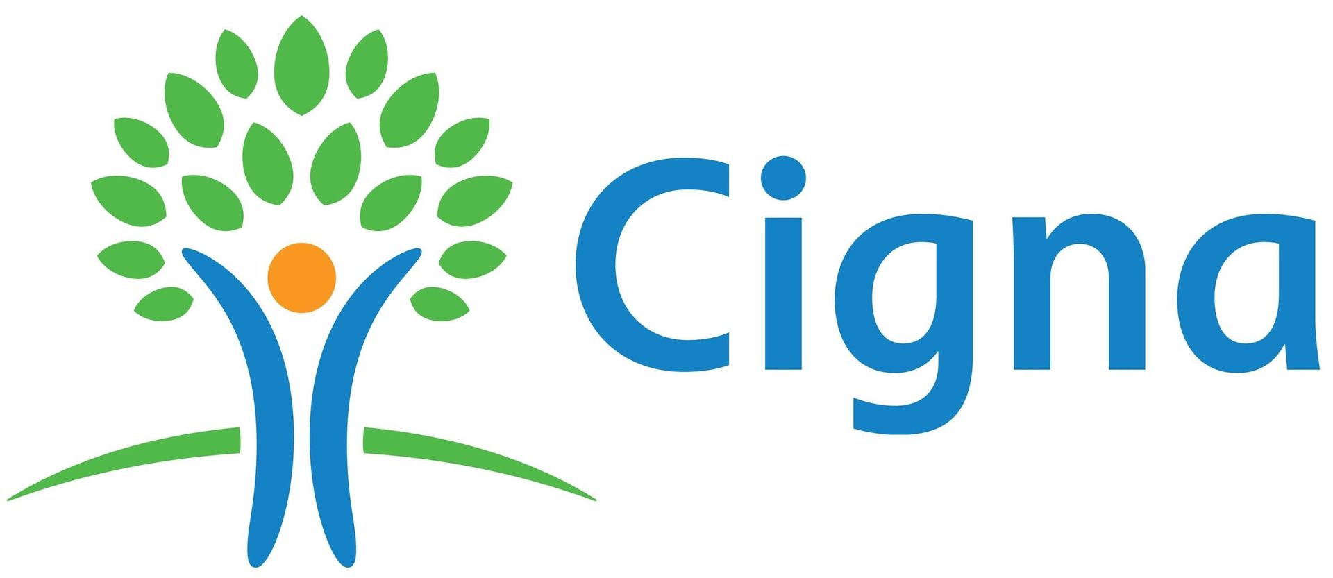 A cigna logo with a tree and a person in the middle.