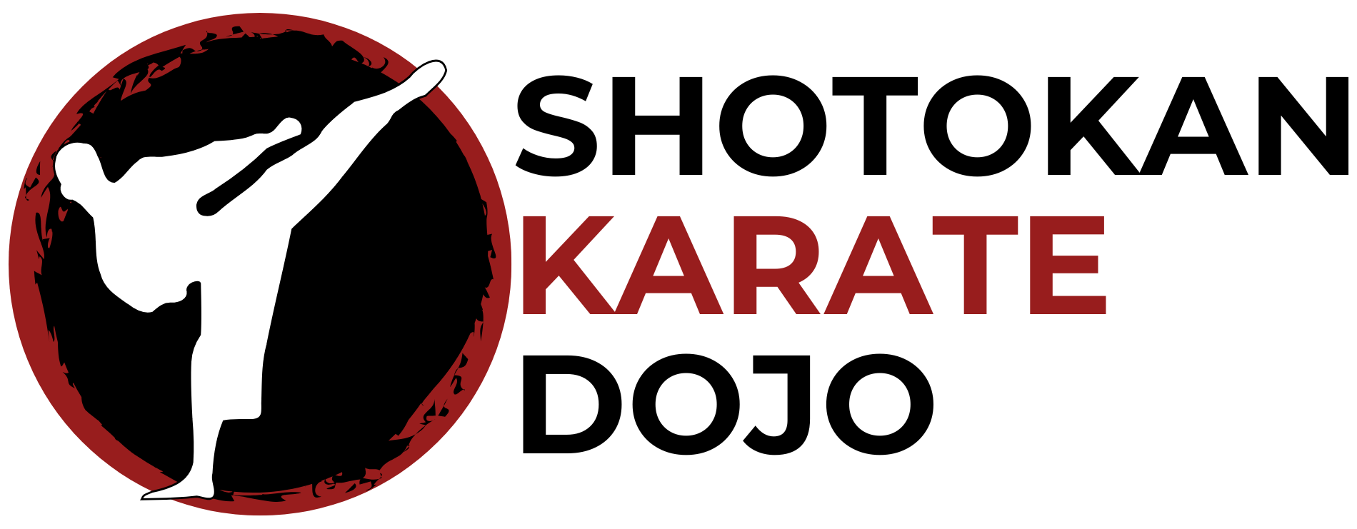 The logo for shotokan karate dojo shows a karate kick in a red circle.