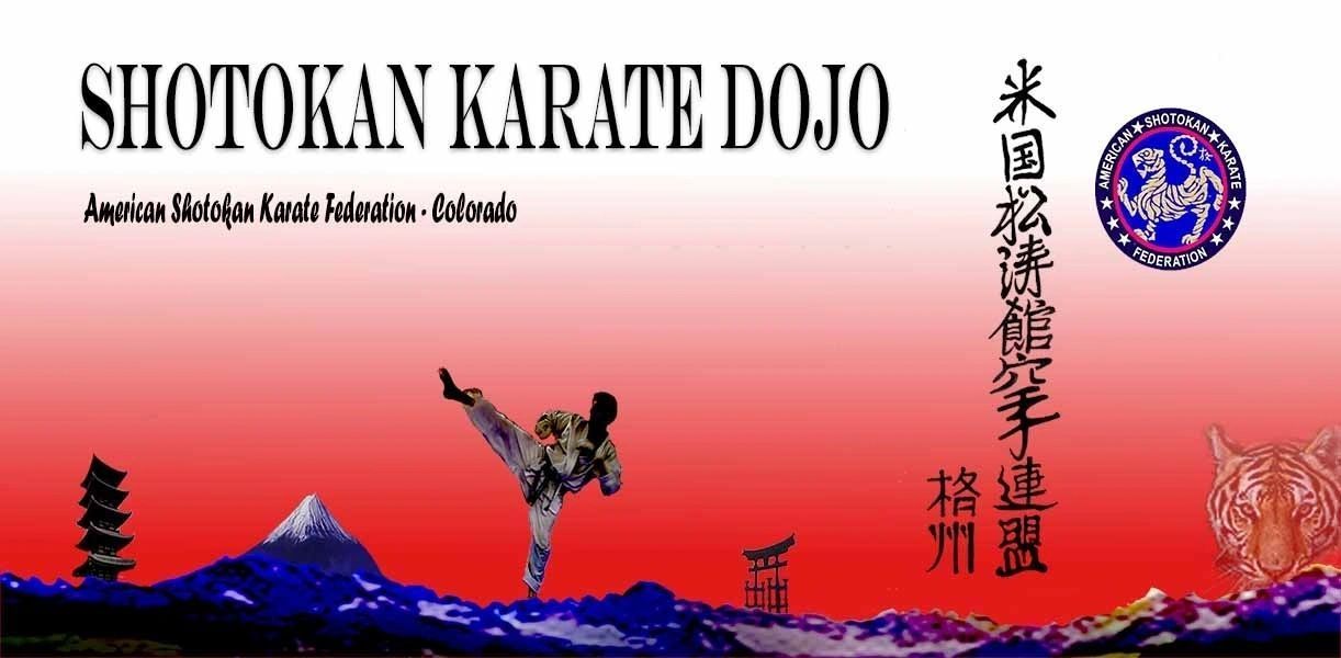A poster for shotokan karate dojo with mountains in the background