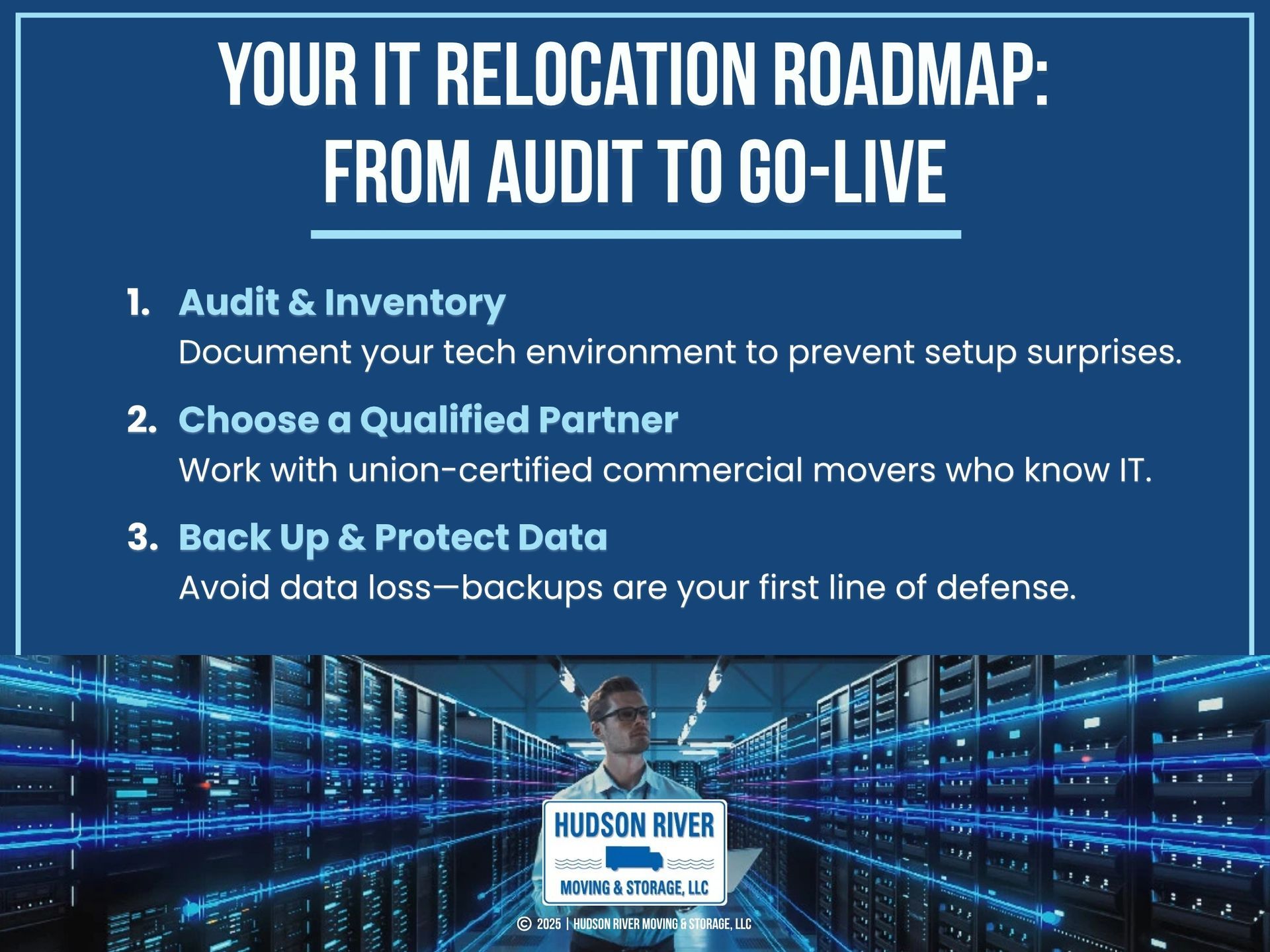 A person stands in a modern data center surrounded by server racks, with digital blue light effects.