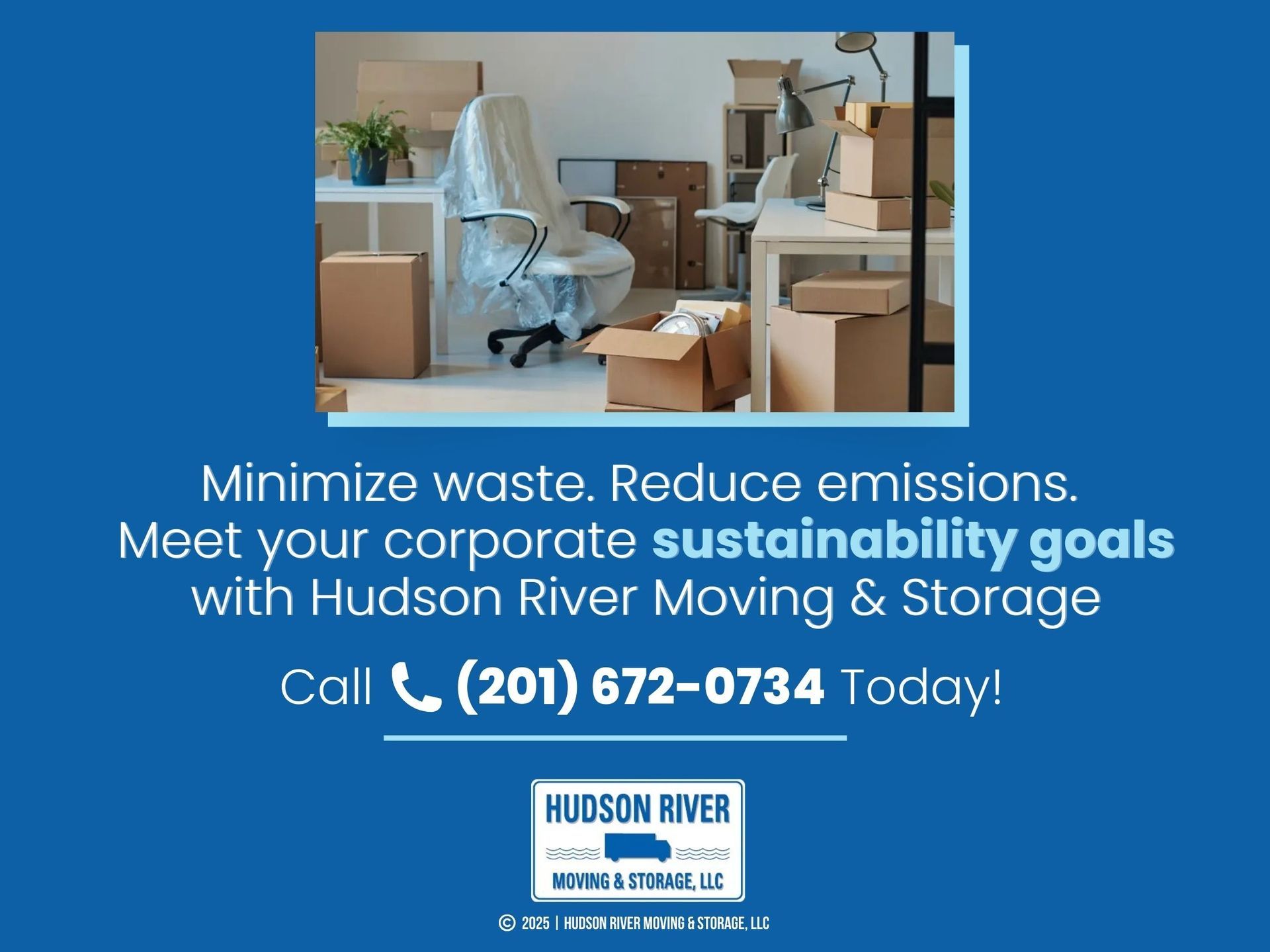 An office space filled with packed cardboard boxes, covered furniture, and a desk lamp, indicating a move or relocation.