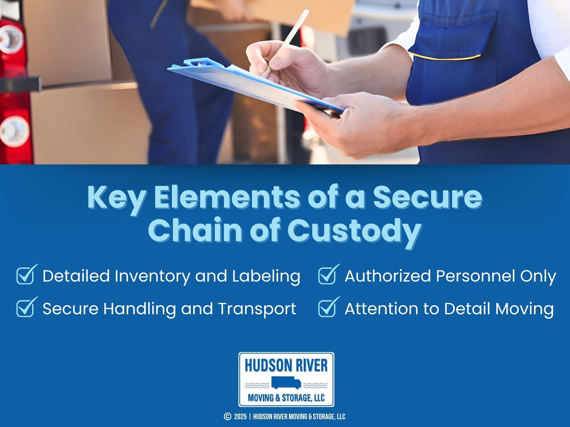A person in a blue uniform is writing on a clipboard while overseeing the loading or unloading of cardboard boxes.