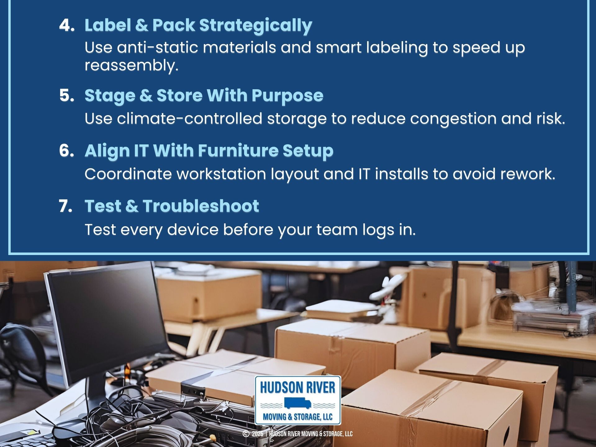 An office space is filled with packed boxes, computer equipment, and cables.
