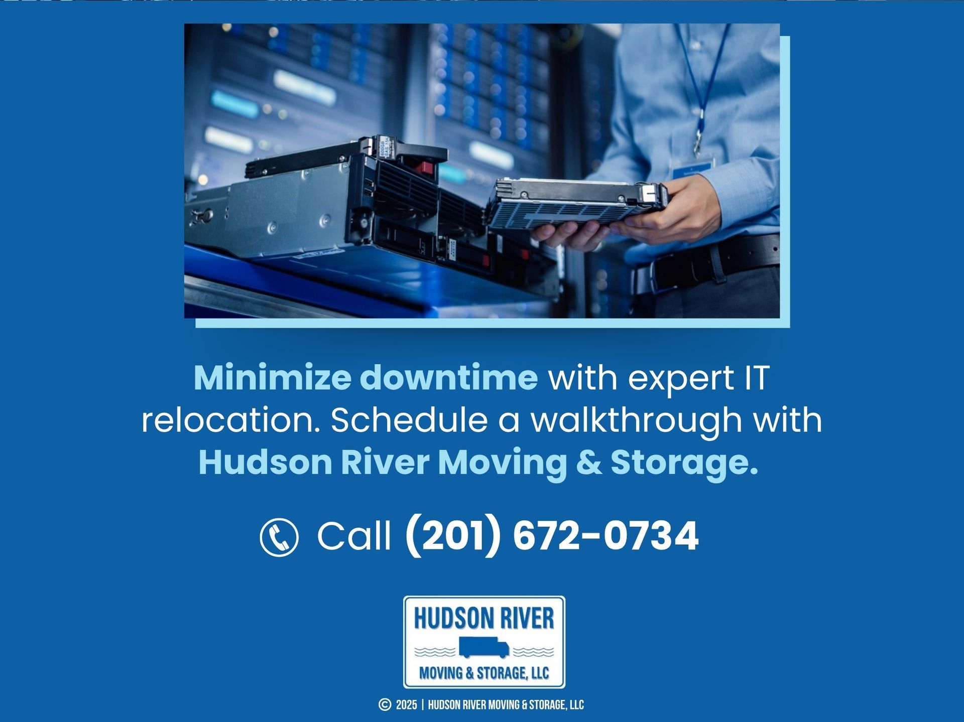 A person in a data center is handling a hard drive, preparing to install or remove it from a server rack.