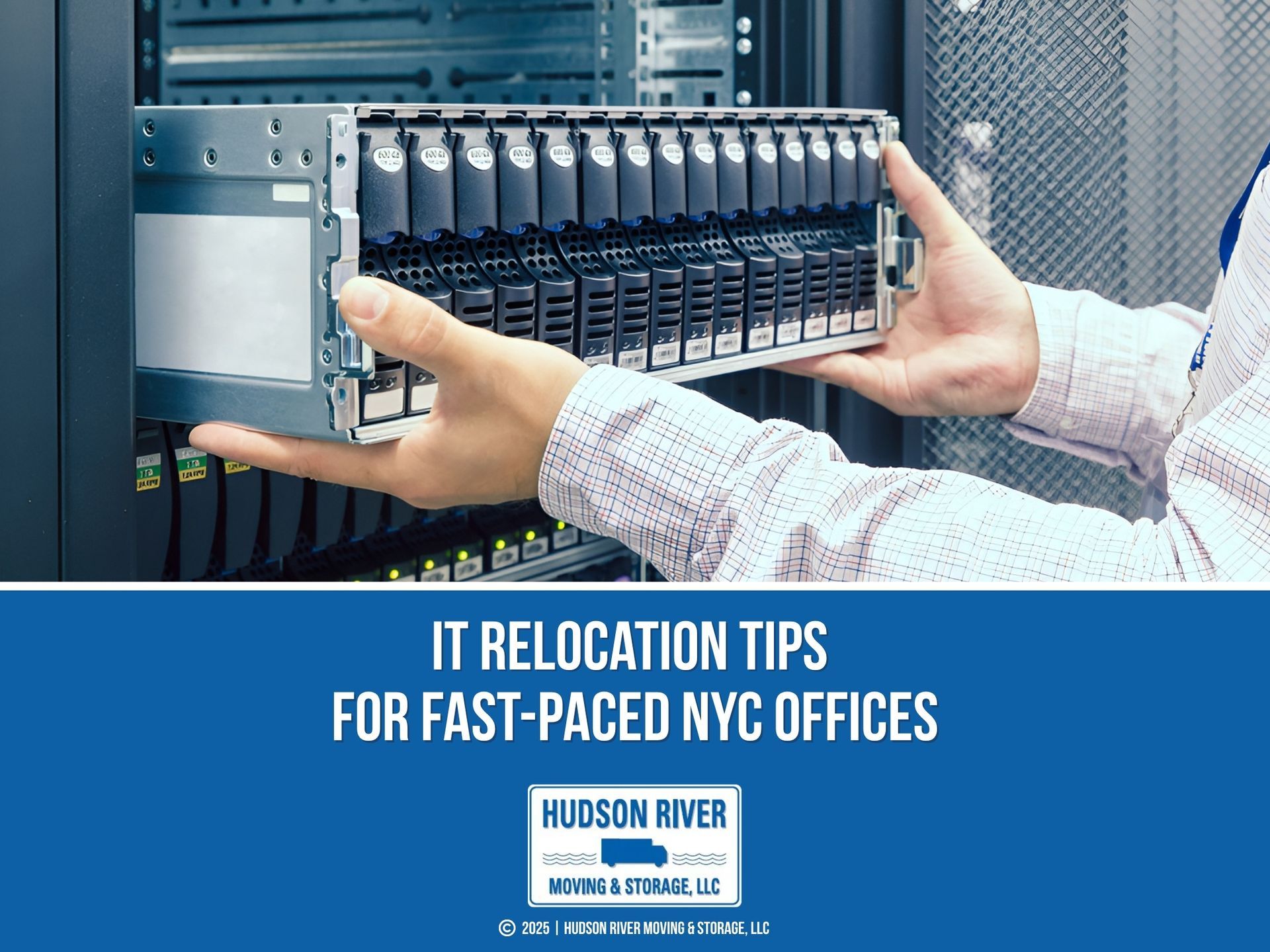 A person is installing or removing a server storage unit with multiple hard drives in a dat