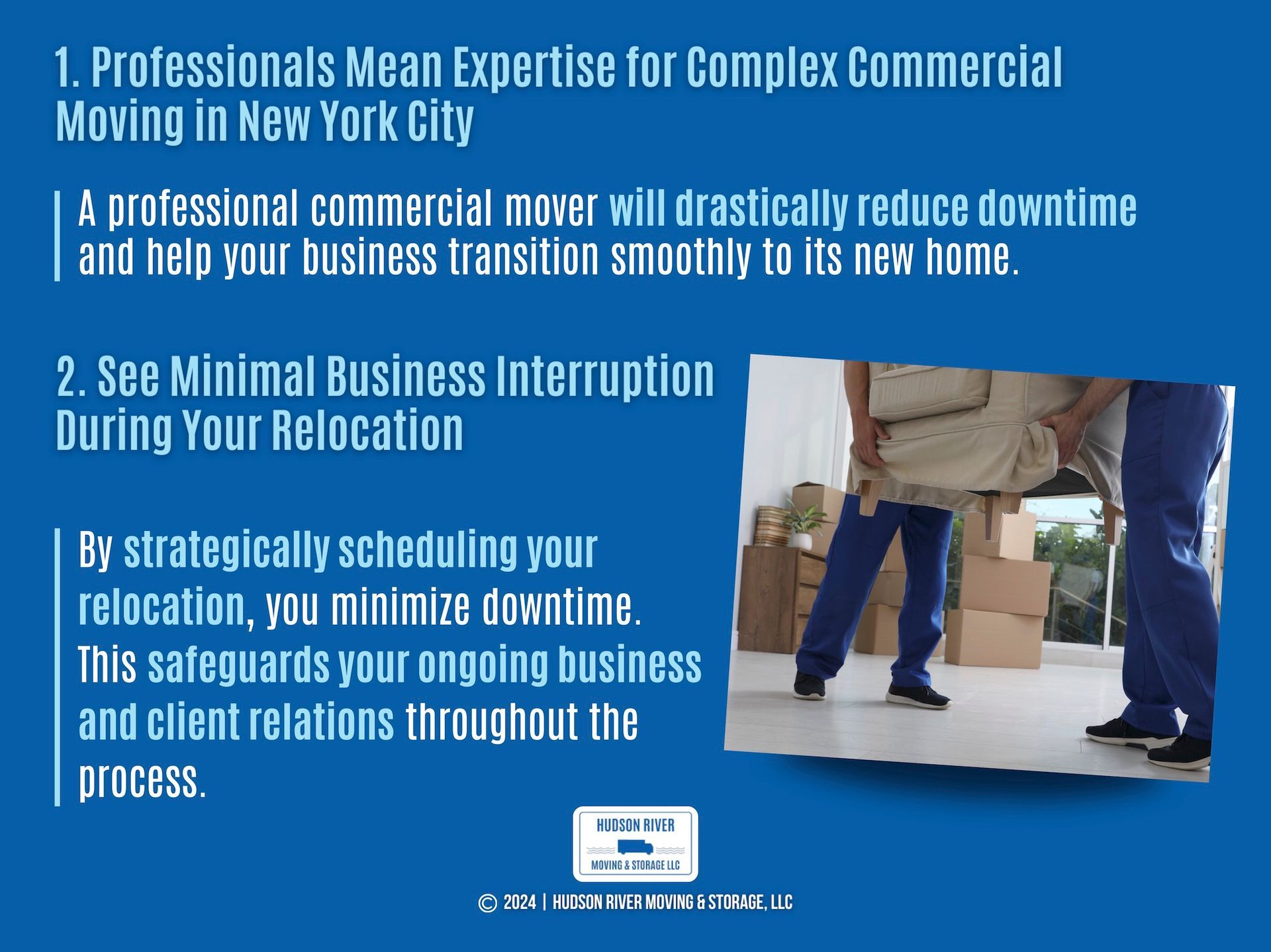A graphic explaining how commercial movers reduce business down time, alongside an image of two movers lifting an armchair.