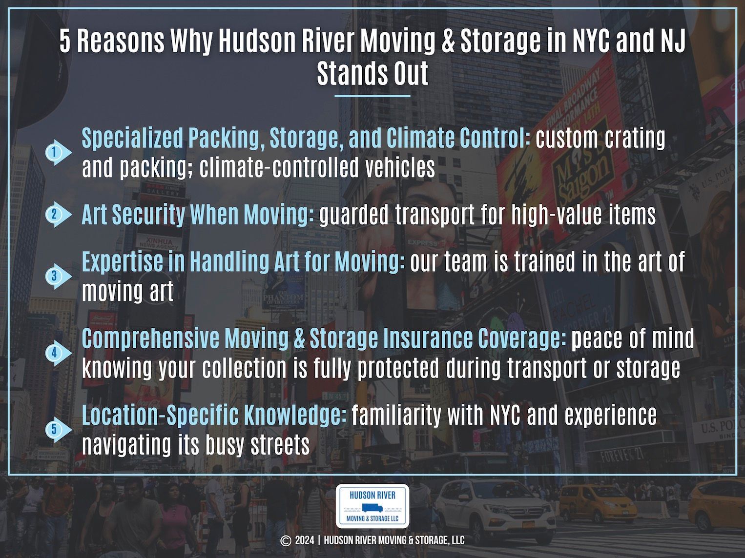 Text over a NYC street scene listing 5 reasons why Hudson River Moving & Storage stands out in New York City and NJ.