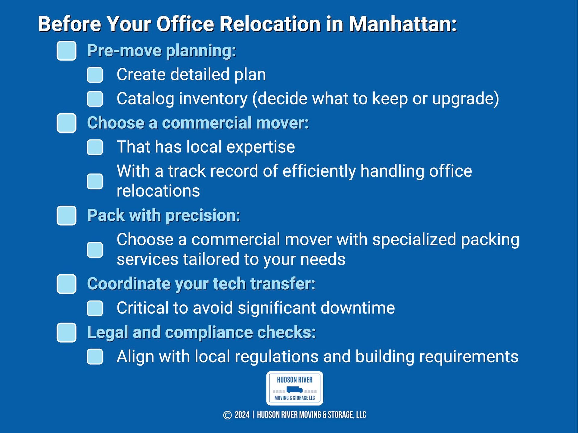 Hudson River Moving & storage detailing 5 checks that you need to do before you start your office relocation in Manhattan.
