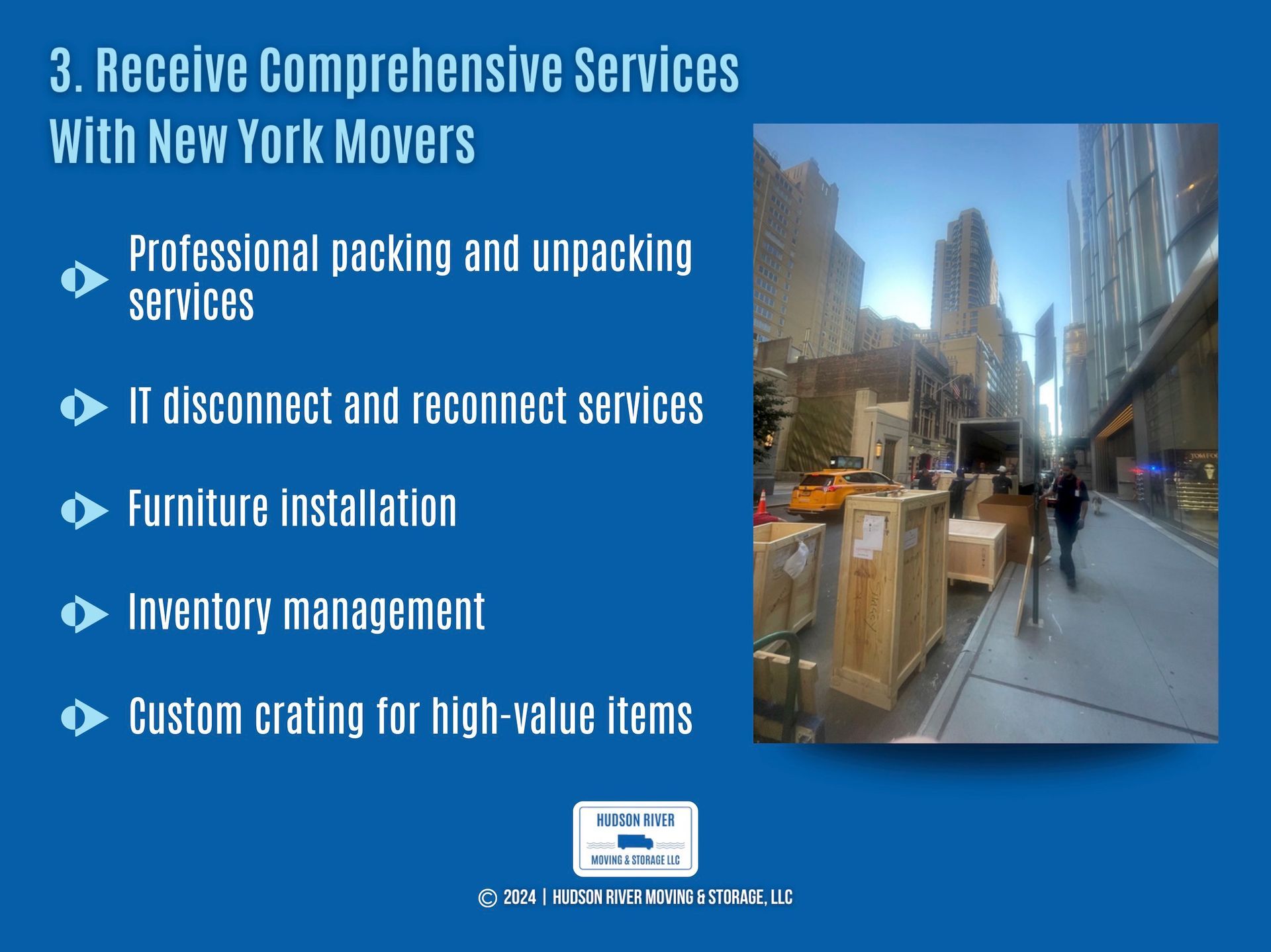 Text details services available at Hudson River Moving & Storage, by an image of the team on the NYC side walk, moving items.
