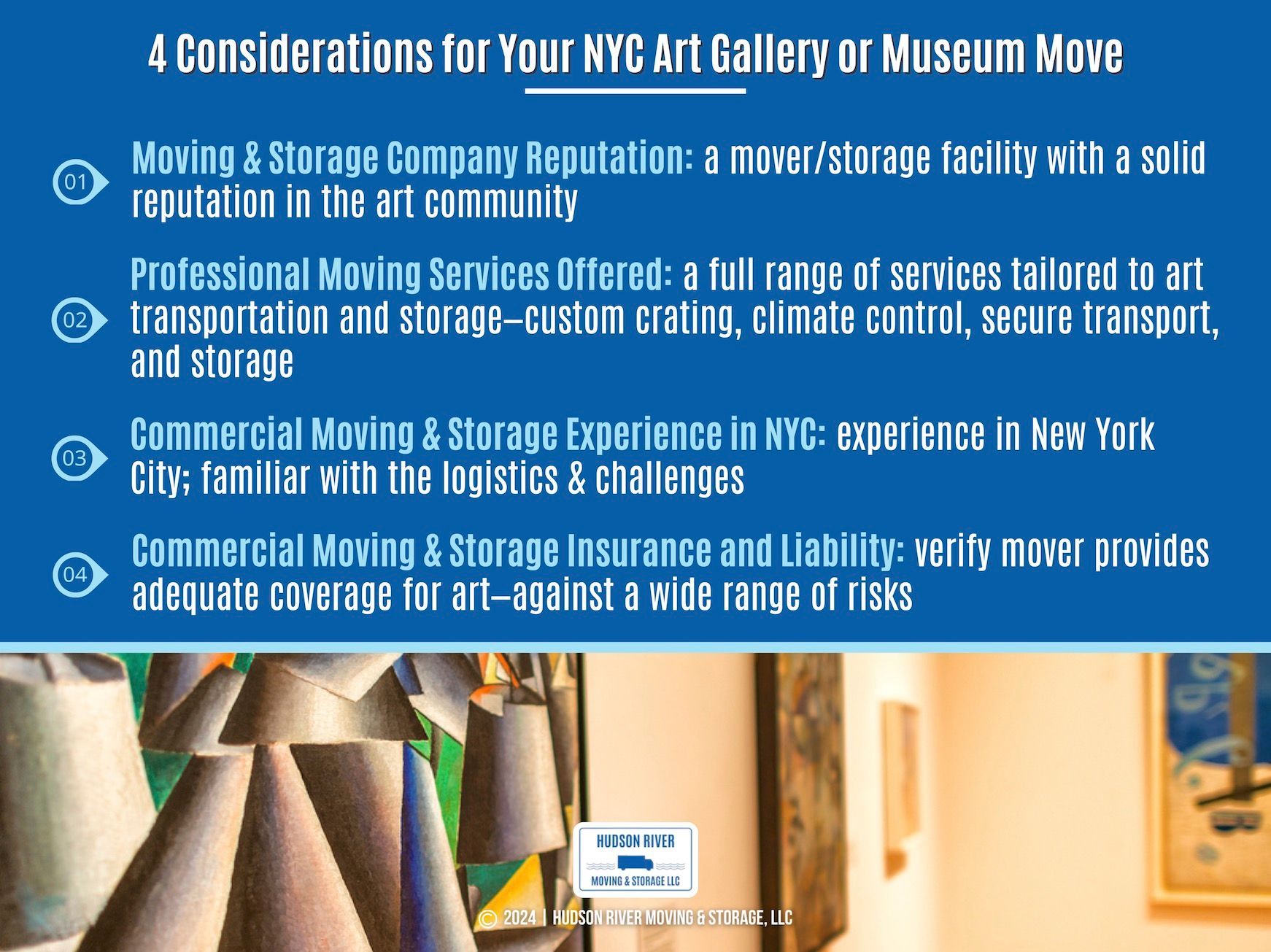 A blue text box detailing 4 considerations for NYC art gallery and museum relocations over an art sculpture photo.