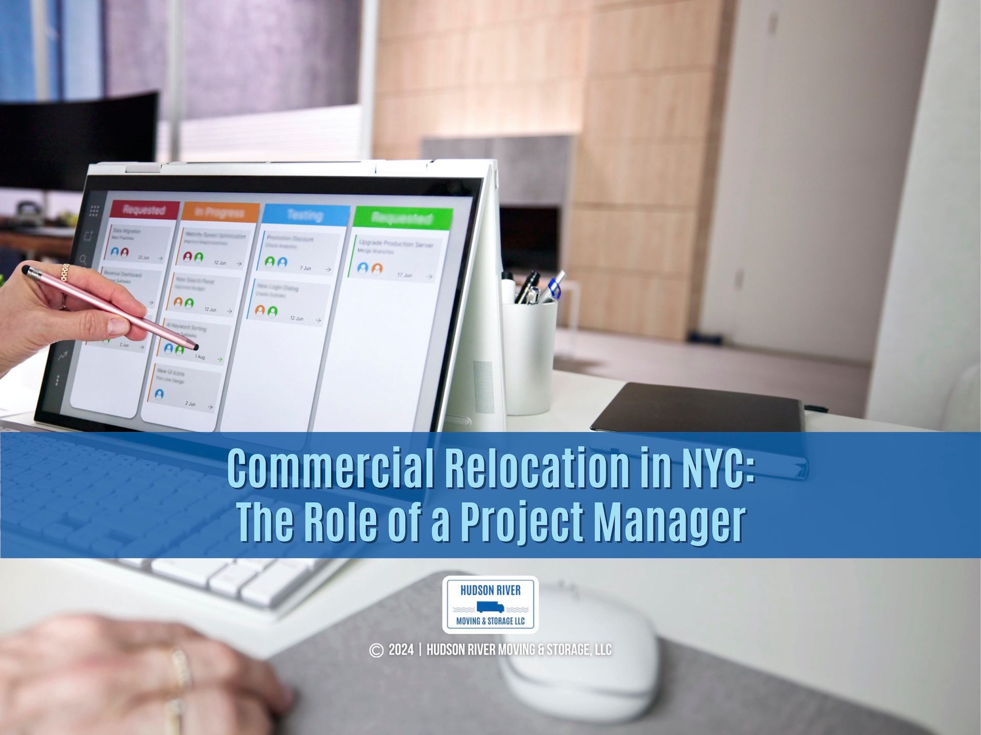 A Project manager calendar planning on a tablet during a commercial move in Manhattan, NYC.
