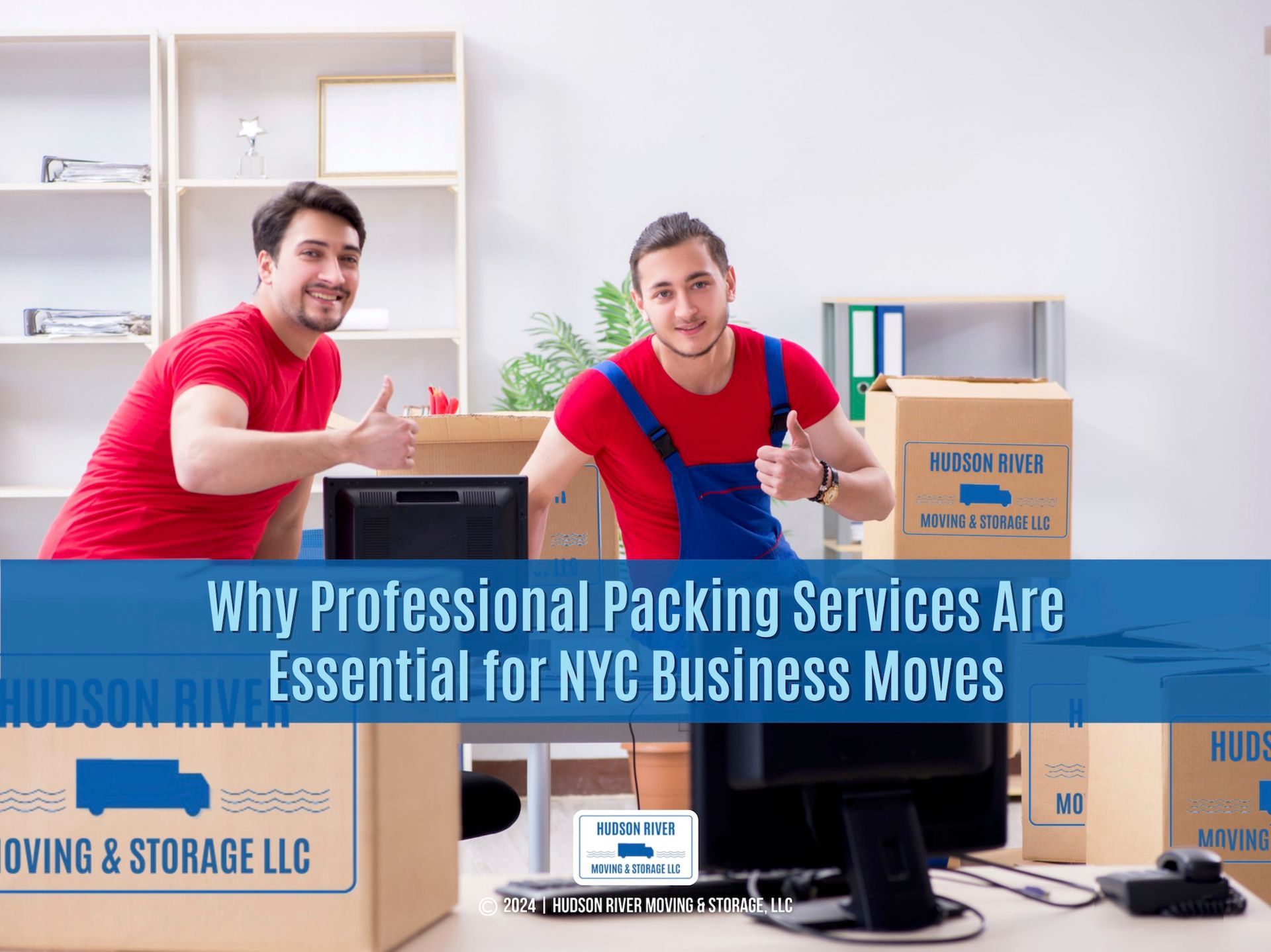 Smiling business movers giving thumbs up with Hudson River Moving & Storage boxes in a commercial of