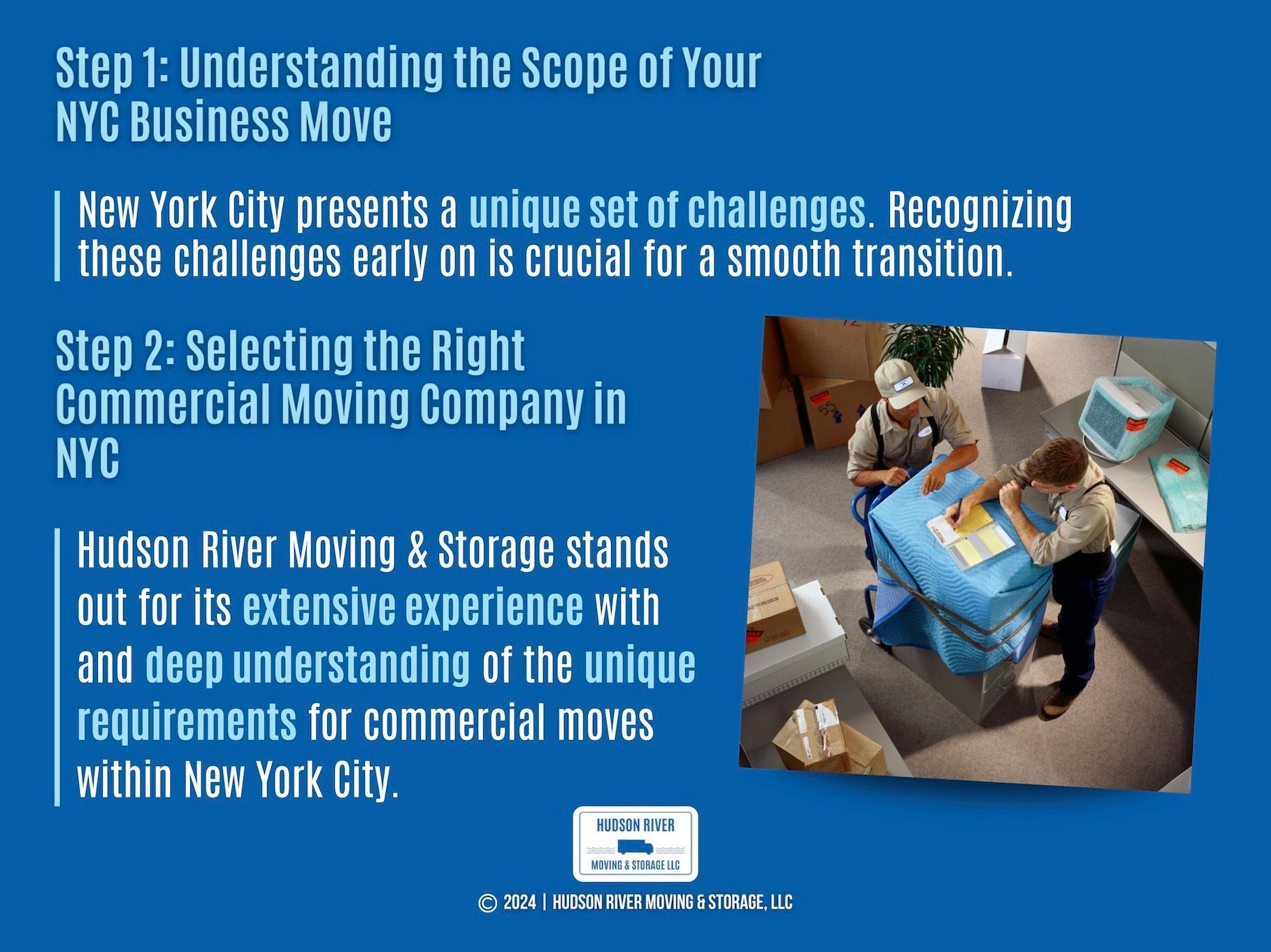 The Initial steps in preparing for a NYC business move, emphasizing the importance of how to select the right mover.
