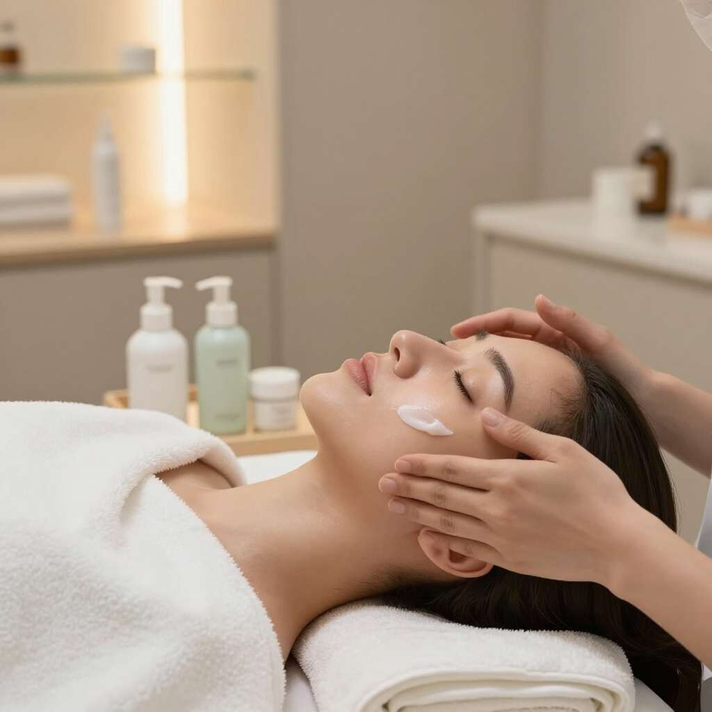 Trattamento viso con prodotti naturali su lettino spa in ambiente rilassante.