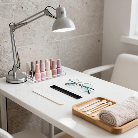 Postazione estetica per extension ciglia e smalto gel in stile minimal ed elegante.