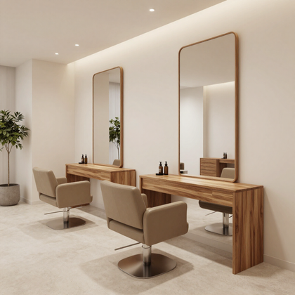 Interno elegante del salone con postazioni parrucchiere e atmosfera rilassante.