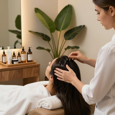 Trattamento capelli con prodotti naturali e atmosfera rilassante.