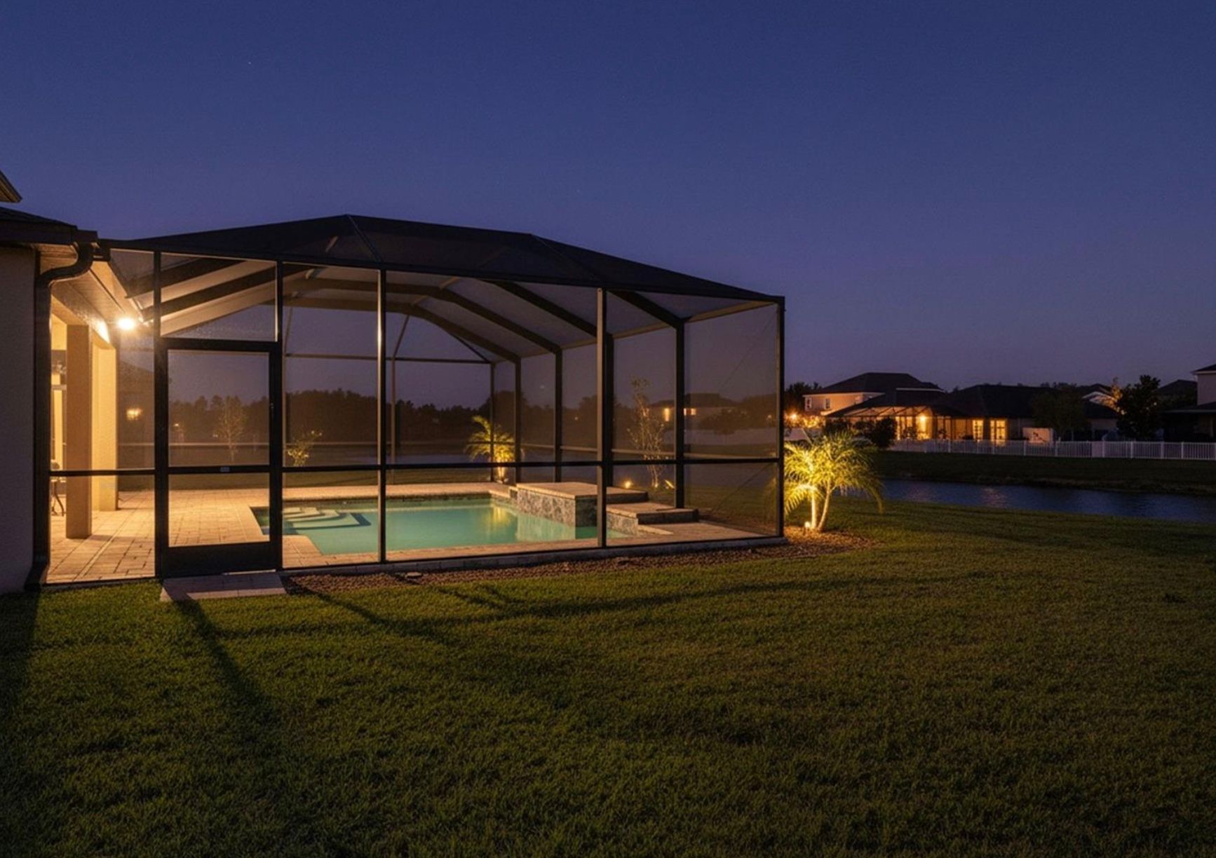 Backyard pool area at dusk with screened enclosure, illuminated by lights, and a grassy lawn.