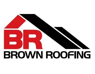 A logo for brown roofing with a red roof
