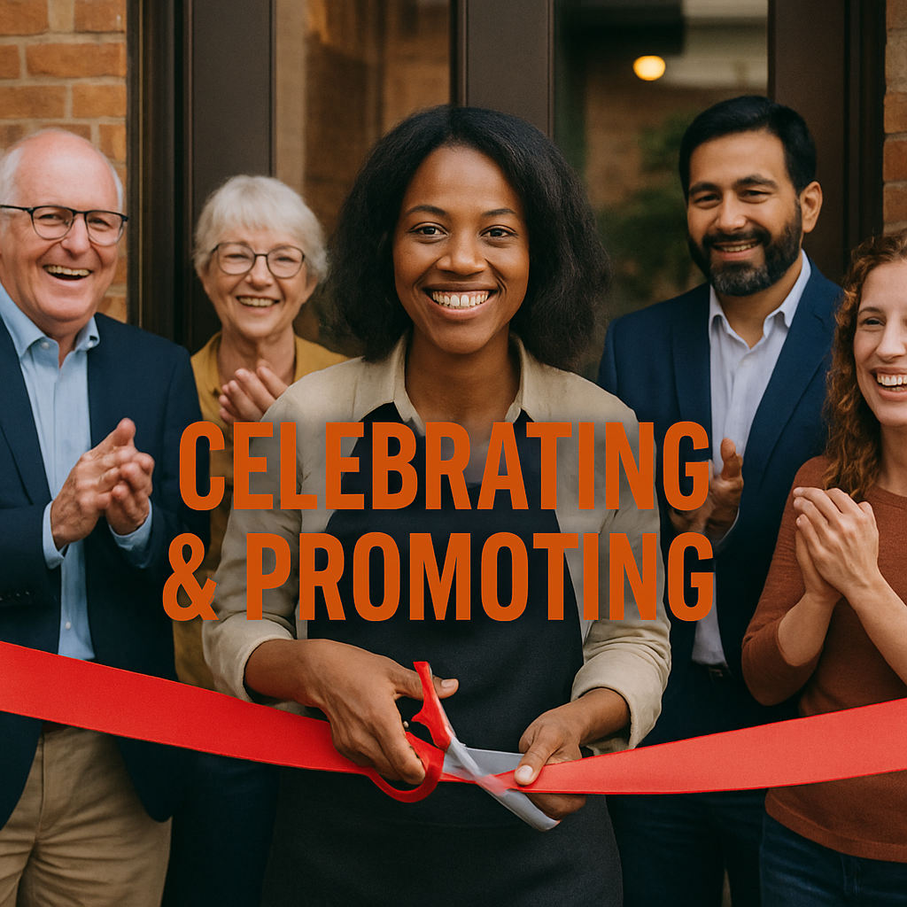 Woman cutting a ribbon in front of her business with 4 other people behind her while looking on and clapping with excitement. 