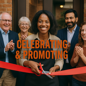 Woman cutting a ribbon in front of her business with 4 other people behind her while looking on and clapping with excitement. 
