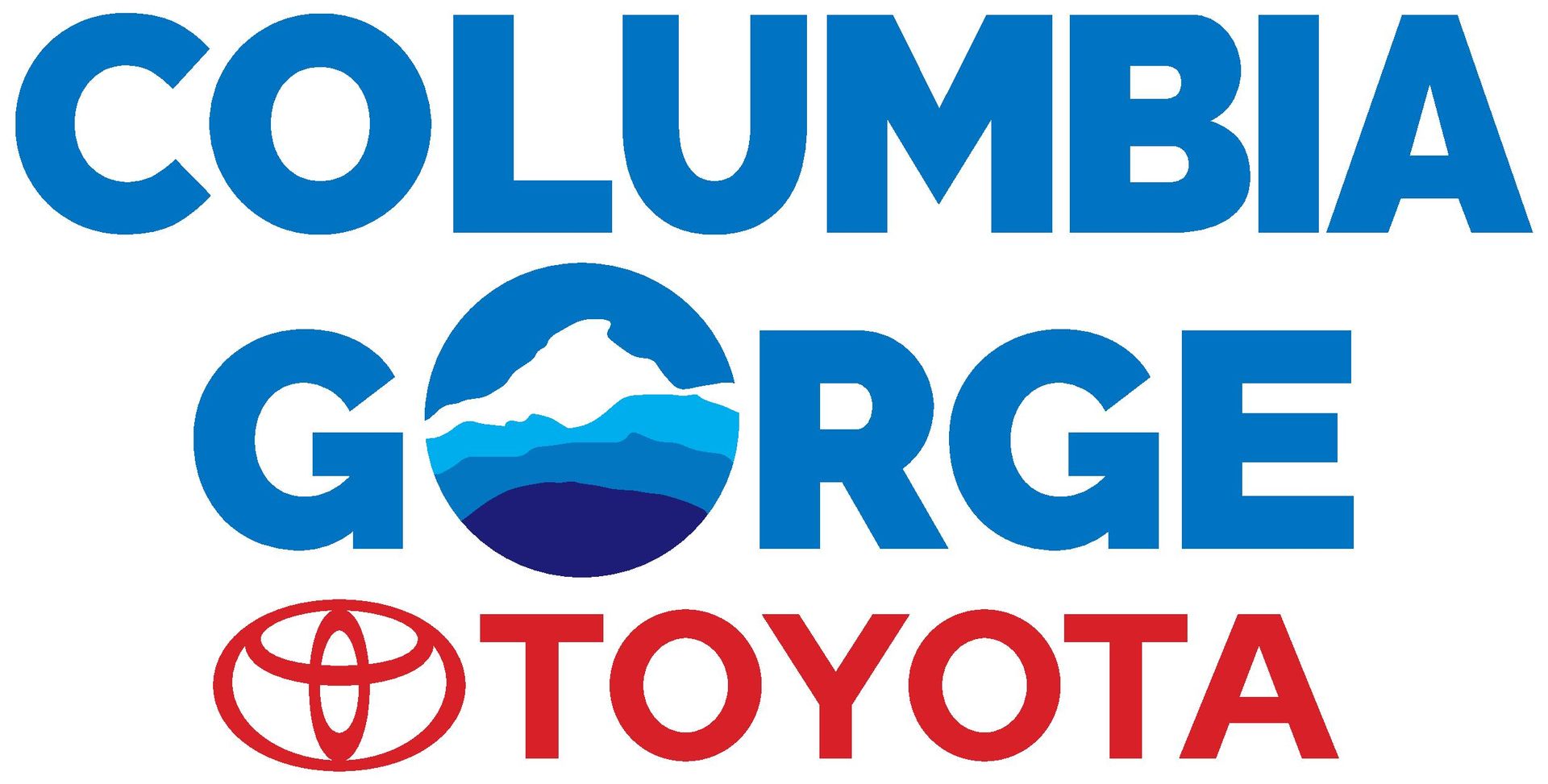 The logo for columbia gorge toyota is blue and red with a mountain in the middle.