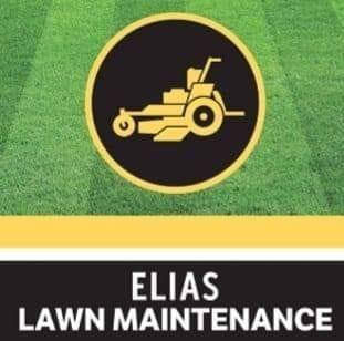 A logo for elias lawn maintenance with a picture of a lawn mower in a circle.