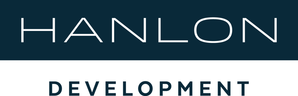 The logo for hanlon development is blue and white.