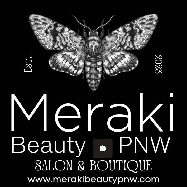A black and white logo for meraki beauty salon and boutique