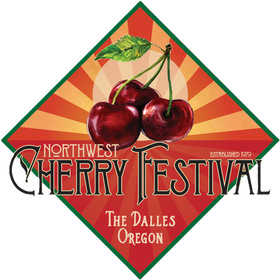Northwest Cherry Festival logo: Red cherries with green leaf, set against a sunburst background, in a green diamond.