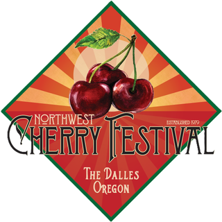 Northwest Cherry Festival logo: Red cherries with green leaf, set against a sunburst background, in a green diamond.
