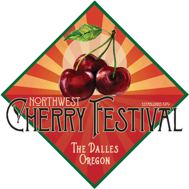 Northwest Cherry Festival logo: Red cherries with green leaf, set against a sunburst background, in a green diamond.