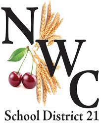 A logo for school district 21 with cherries and wheat.