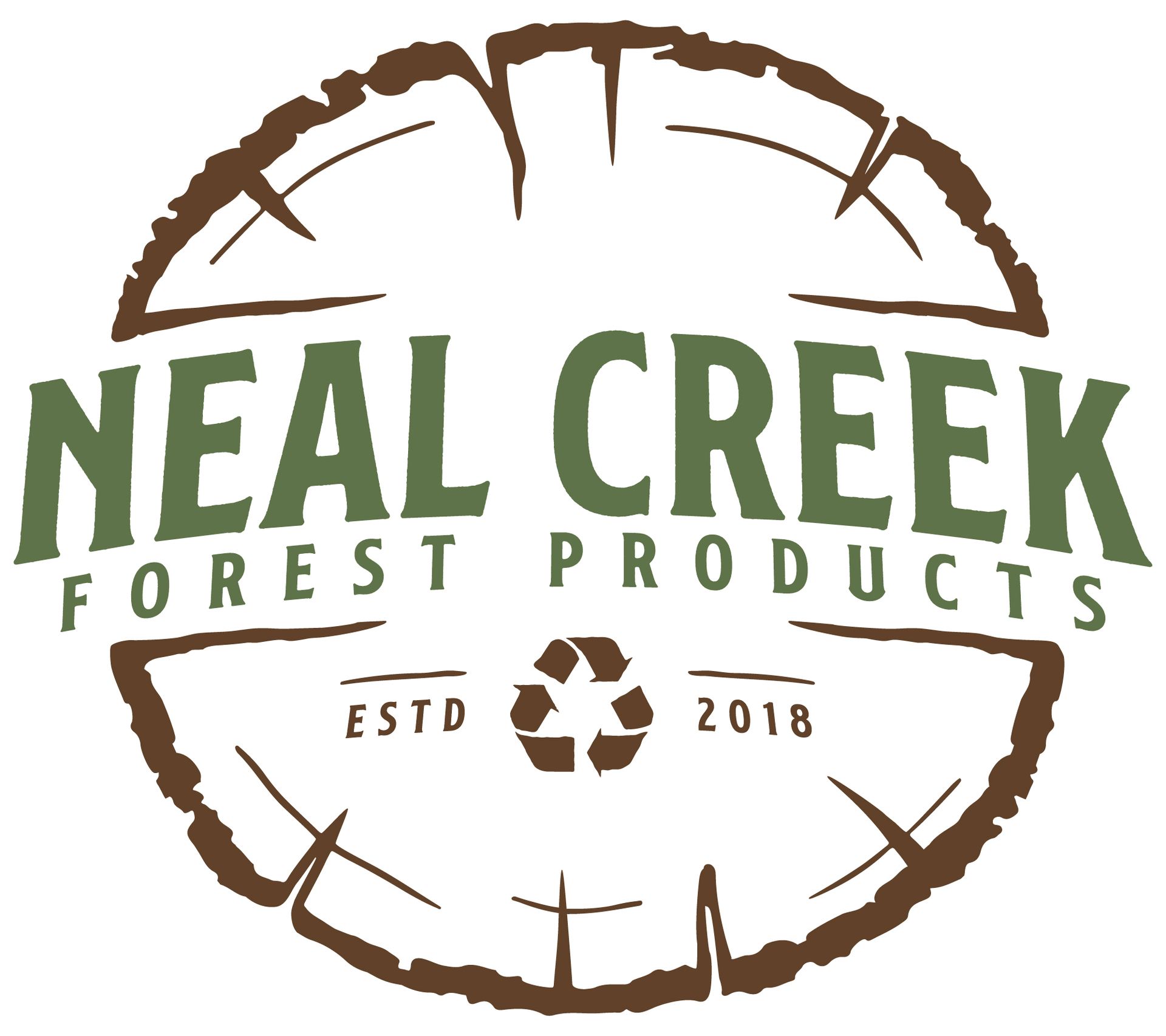The logo for neal creek forest products is a tree stump with a recycle symbol on it.