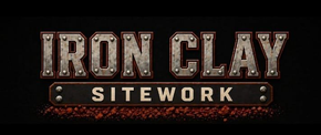 Iron Clay Sitework logo in distressed metallic lettering on a black background