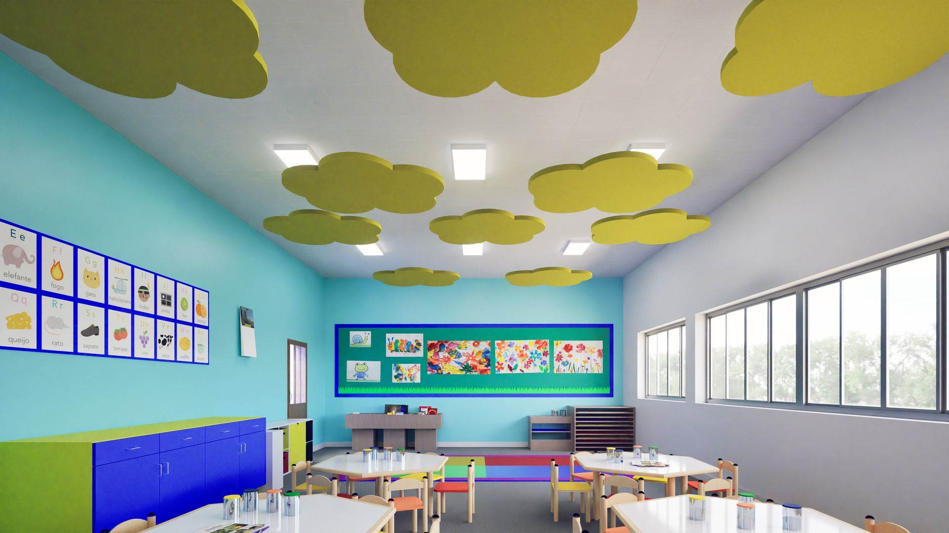 Acoustic ceiling rafts in a boardroom