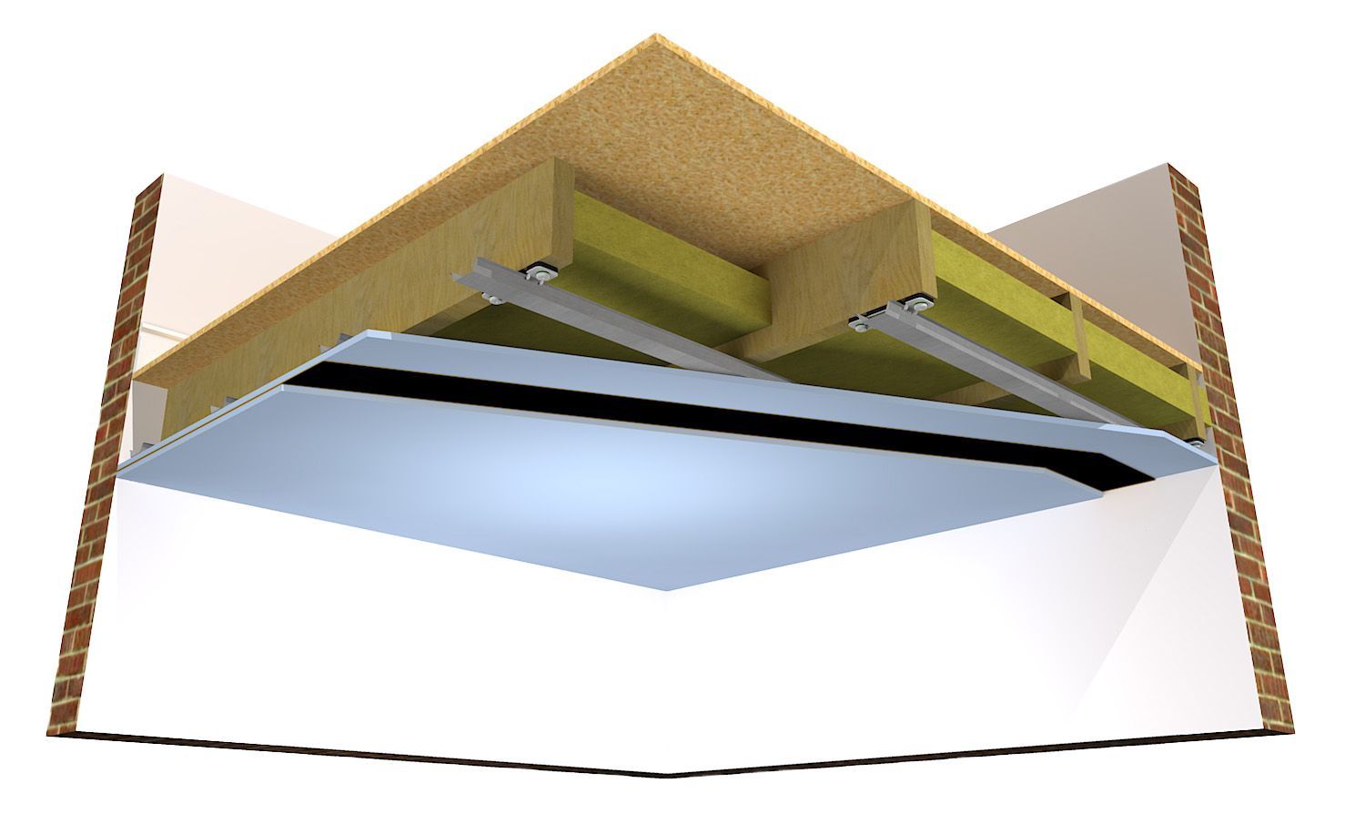 Cutaway view of a suspended ceiling showing layers of materials: ReductoClips, Reducto Furring Channels, acoustic insulation, FlexiSound and acoustic plasterboard