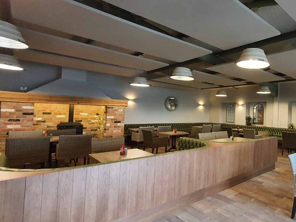 ProSound Acoustic Ceiling Rafts in a restaurant