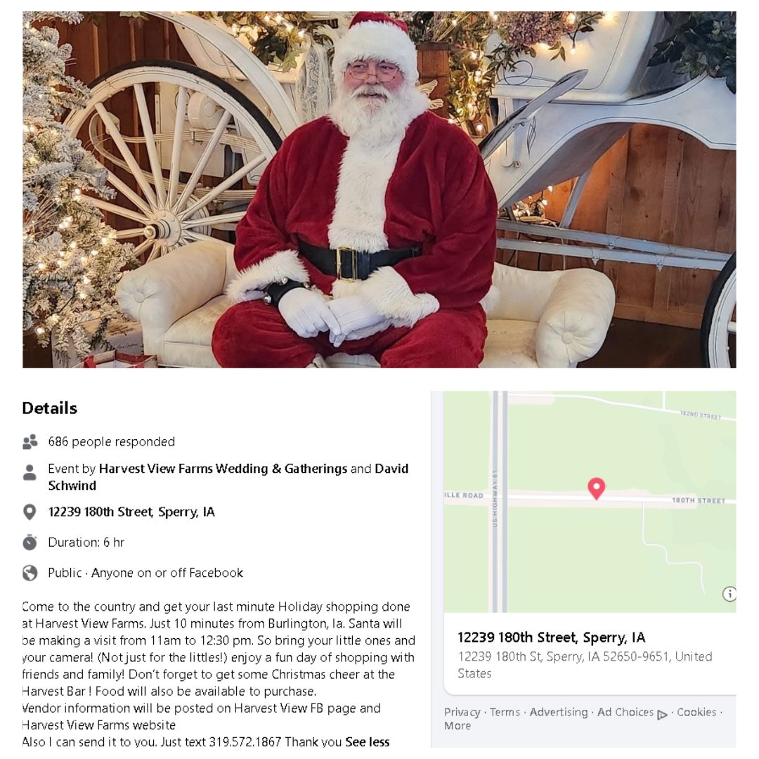 Santa Claus seated on a white couch. Event details include location, address, and date in a graphic.
